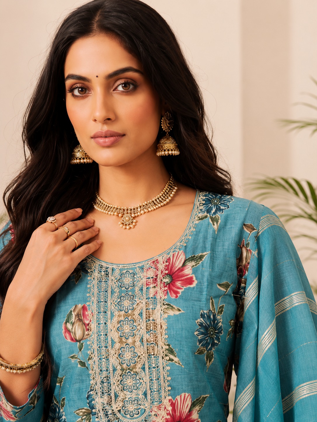 Women’s Teal Blue Floral Embroidered Kurta Set with Dupatta