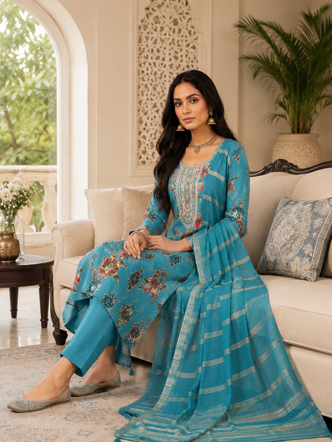 Women’s Teal Blue Floral Embroidered Kurta Set with Dupatta