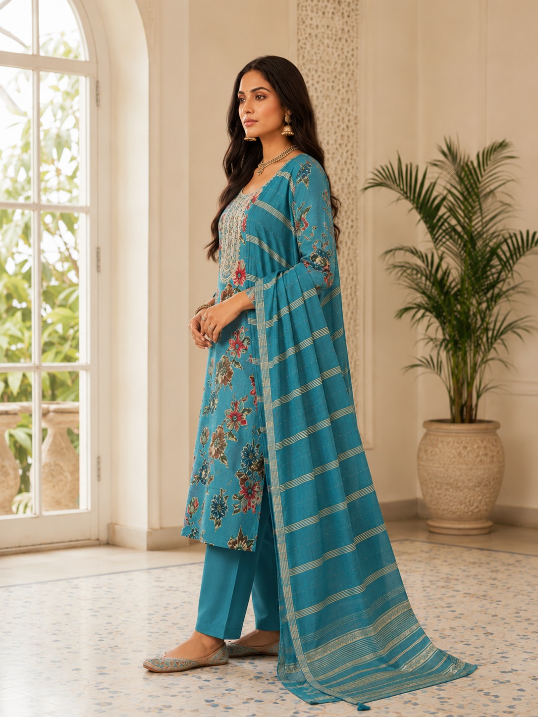 Women’s Teal Blue Floral Embroidered Kurta Set with Dupatta