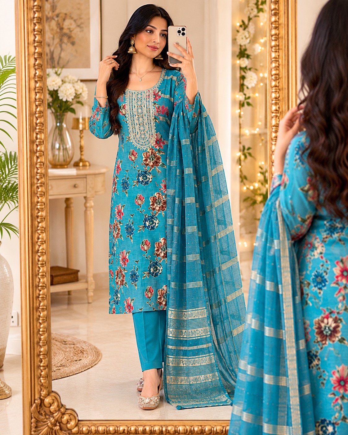 Women’s Teal Blue Floral Embroidered Kurta Set with Dupatta