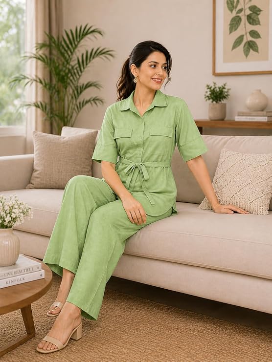 Women’s Linen Co-Ord Set | Premium Twill Linen Shirt & Straight Pant Set