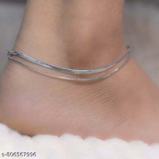 Women Stylish Double Layer Silver Anklet | Minimalist Adjustable Payal for Girls