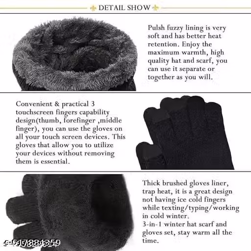 Men & Women Warm Knitted Beanie Cap with Neck Scarf & Glove Set | Winter 3-in-1