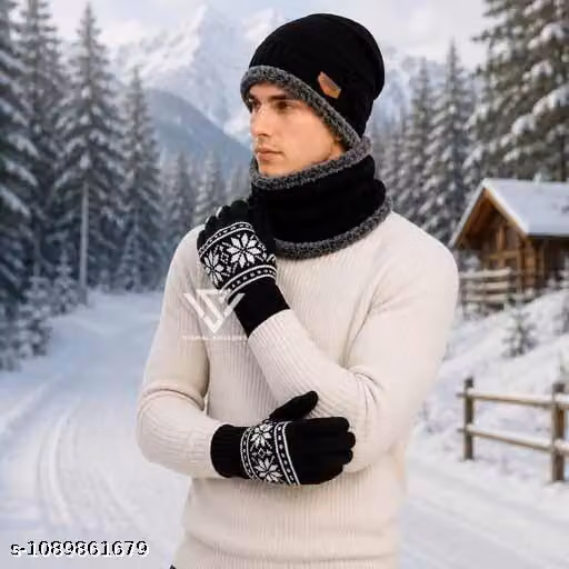 Men’s Winter Knit Beanie Cap with Neck Warmer & Snowflake Gloves Combo