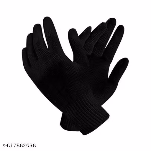 Black Woollen Winter Beanie Cap with Neck Muffler & Cotton Gloves | Men & Women