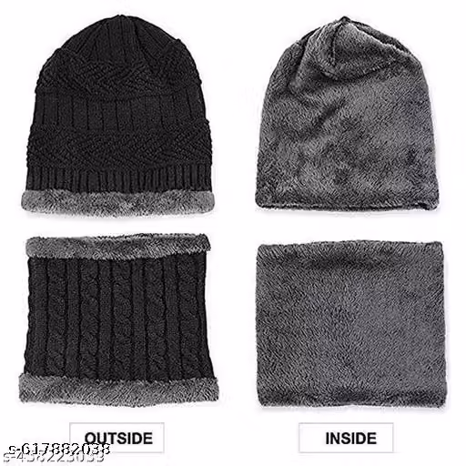 Black Woollen Winter Beanie Cap with Neck Muffler & Cotton Gloves | Men & Women