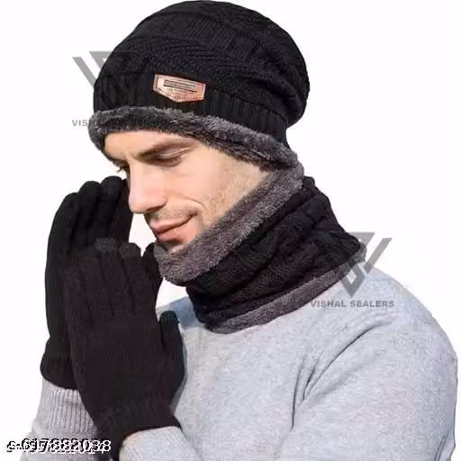 Black Woollen Winter Beanie Cap with Neck Muffler & Cotton Gloves | Men & Women