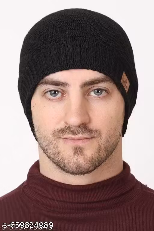 Black Woollen Winter Beanie Cap with Neck Muffler & Cotton Gloves | Men & Women