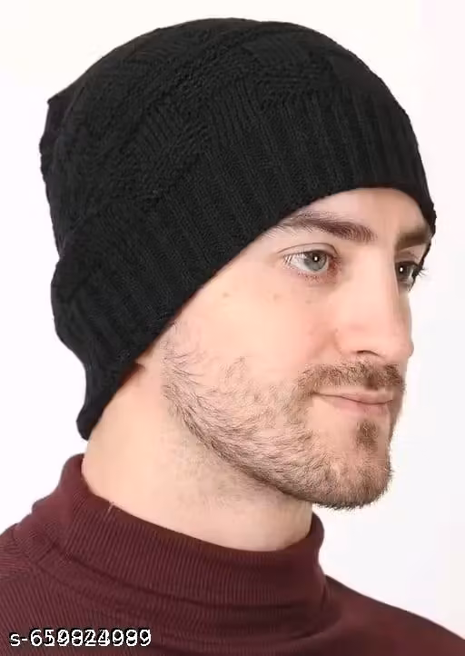 Black Woollen Winter Beanie Cap with Neck Muffler & Cotton Gloves | Men & Women