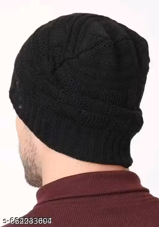 Premium Black Knitted Winter Beanie Cap | Checked Cotton Winter Cap