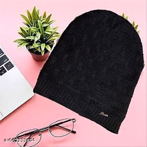 Premium Black Knitted Winter Beanie Cap | Checked Cotton Winter Cap