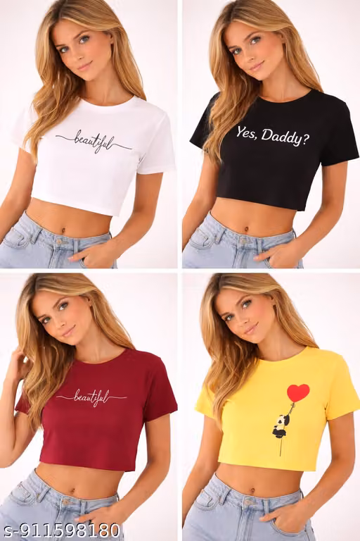 Women’s Stylish Printed Crop Top | Black, White, Yellow & Maroon