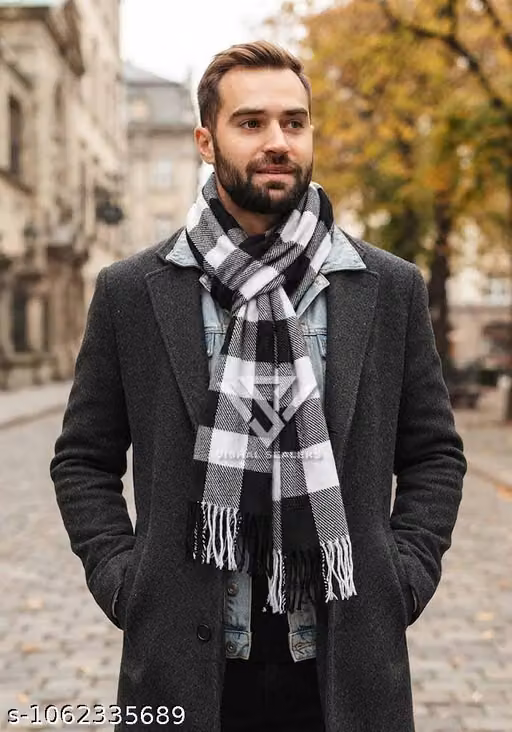 Men’s Cotton Black Check Muffler – Colorblocked Winter Scarf, 1.5m