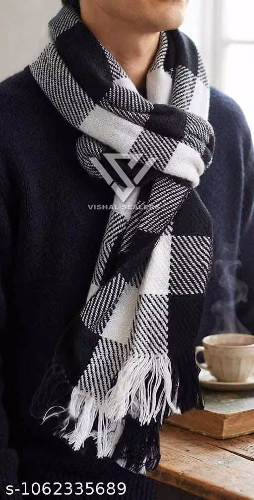 Men’s Cotton Black Check Muffler – Colorblocked Winter Scarf, 1.5m