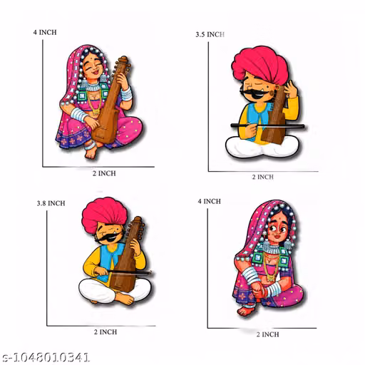 Rajasthani Musician & Folk Couple Wooden Fridge Magnets Set of 4 – Ethnic Home Decor