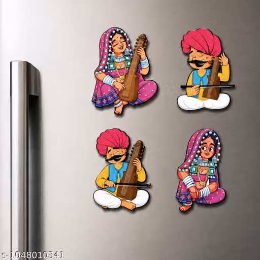 Rajasthani Musician & Folk Couple Wooden Fridge Magnets Set of 4 – Ethnic Home Decor