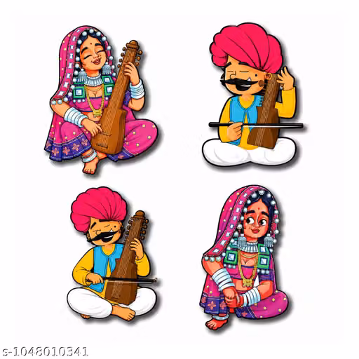 Rajasthani Musician & Folk Couple Wooden Fridge Magnets Set of 4 – Ethnic Home Decor