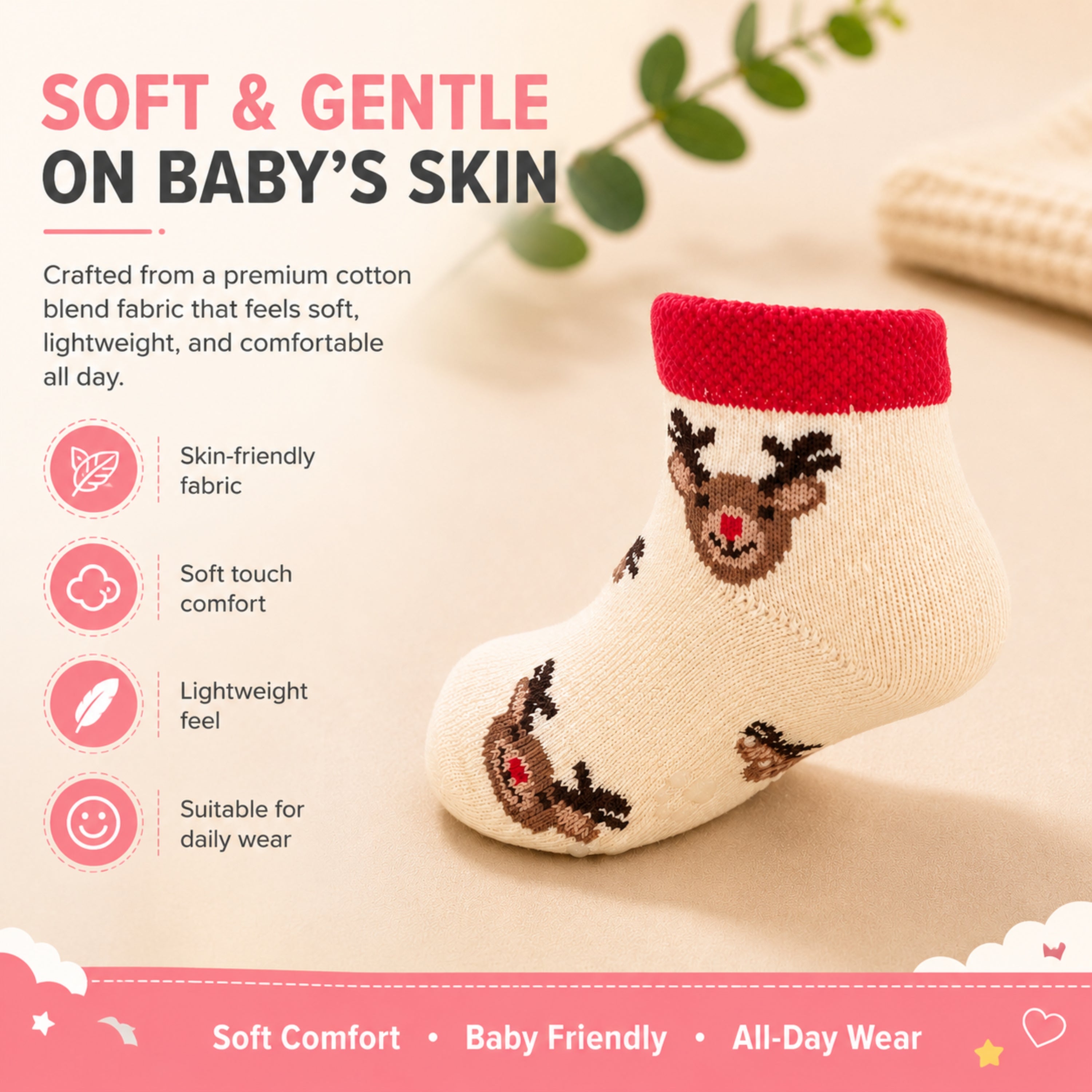 Babycare Anti Skid Ankle Length Socks for Baby Boys & Girls Pack of 3, Soft Breathable Stretchable for Daily Wear