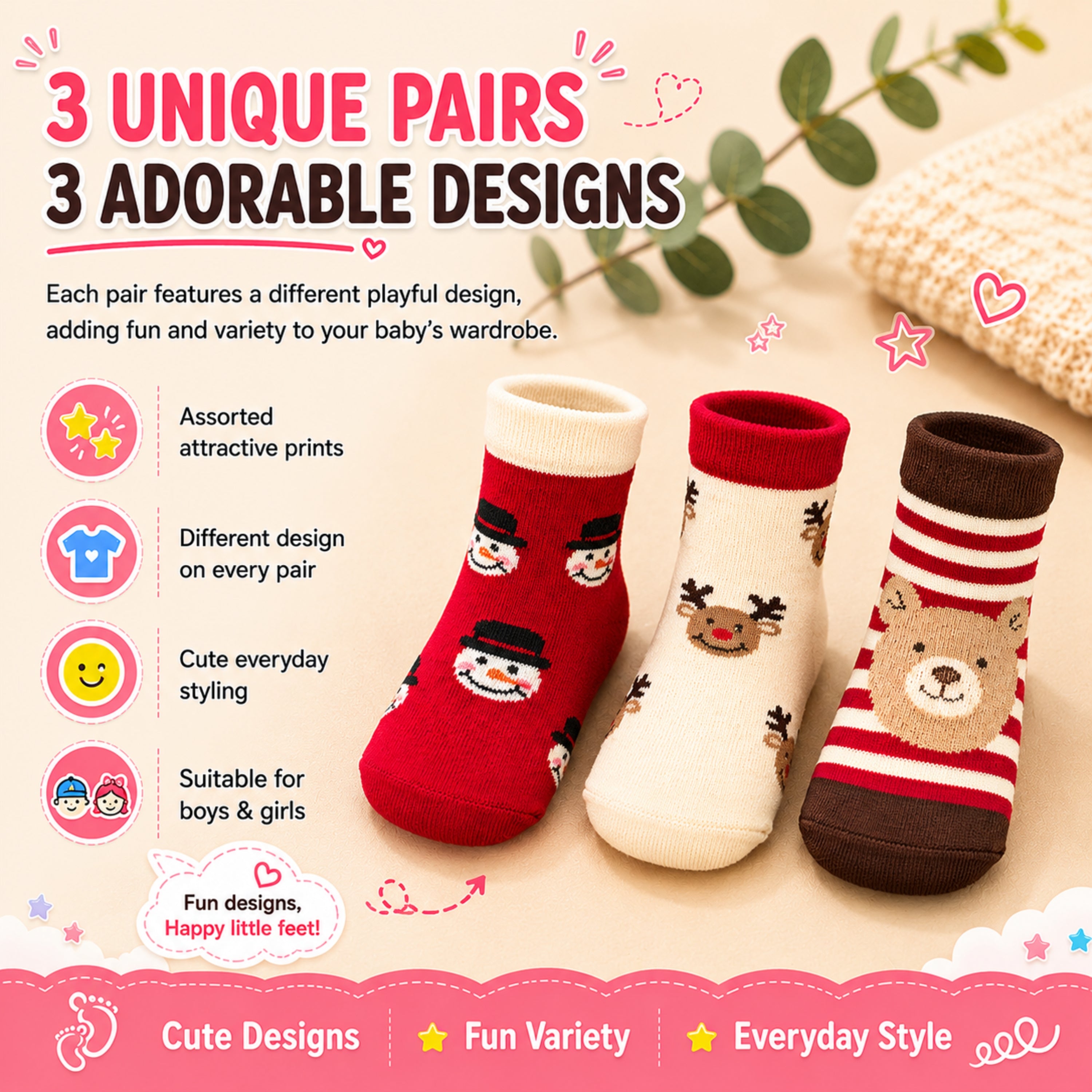 Babycare Anti Skid Ankle Length Socks for Baby Boys & Girls Pack of 3, Soft Breathable Stretchable for Daily Wear
