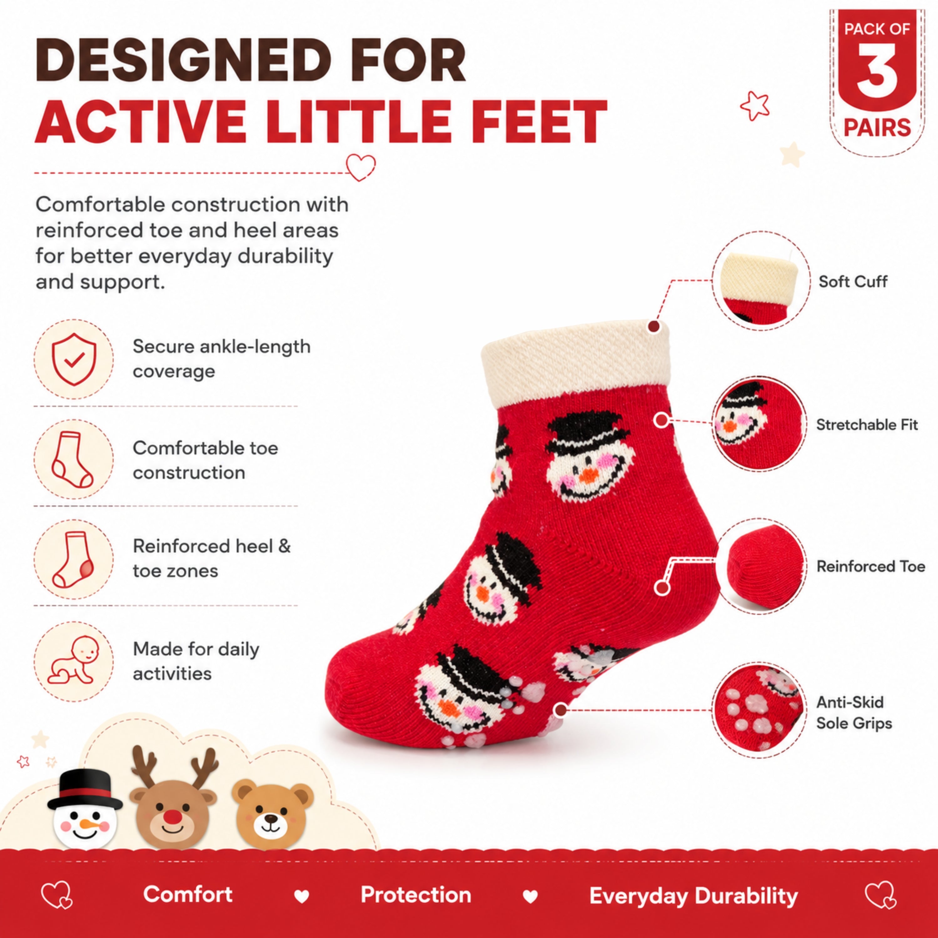 Babycare Anti Skid Ankle Length Socks for Baby Boys & Girls Pack of 3, Soft Breathable Stretchable for Daily Wear