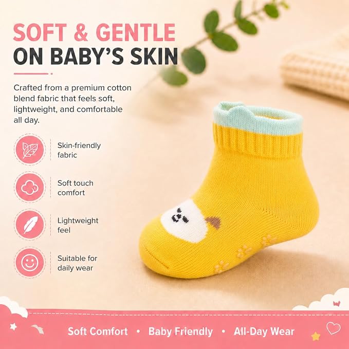 Babycare Anti Skid Ankle Length Socks for Infants Pack of 3 Pairs Non Terry Cotton Blend Grip Socks for Baby Boys & Girls