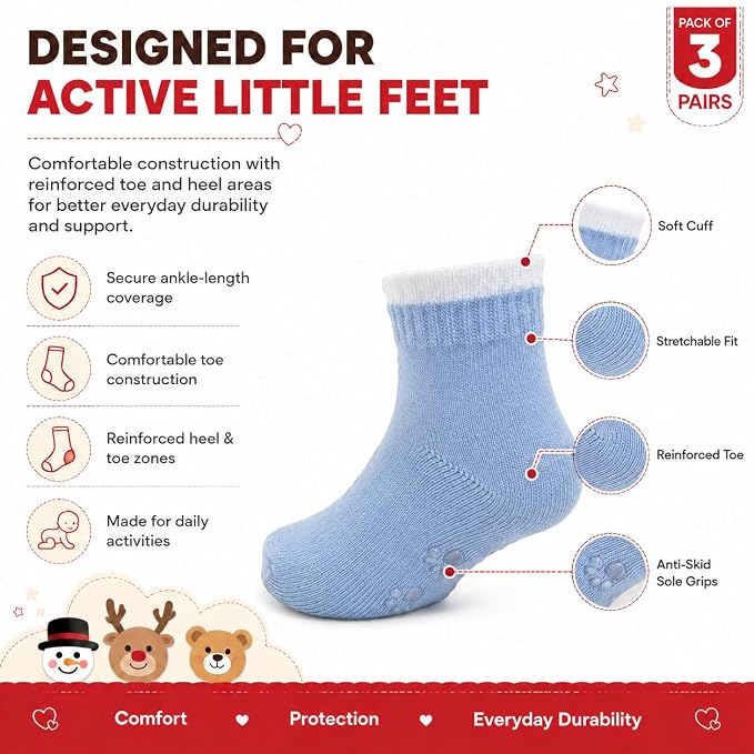 Babycare Anti Skid Ankle Length Socks for Infants Pack of 3 Pairs Non Terry Cotton Blend Grip Socks for Baby Boys & Girls