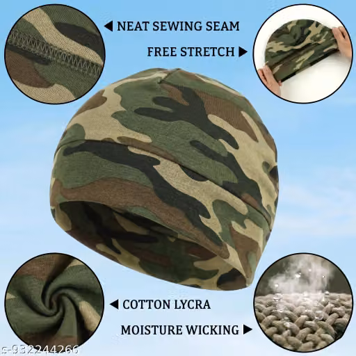 Cotton Lycra Beanie Skull Cap for Men & Women – Printed Olive Stretchable Helmet Liner