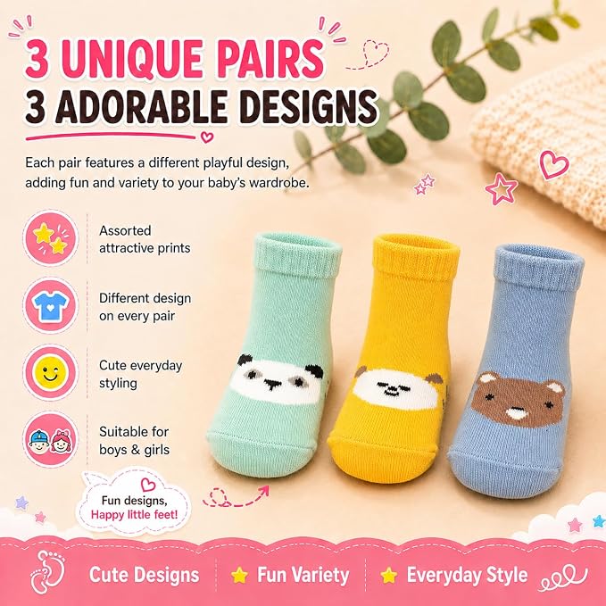 Babycare Anti Skid Ankle Length Socks for Infants Pack of 3 Pairs Non Terry Cotton Blend Grip Socks for Baby Boys & Girls