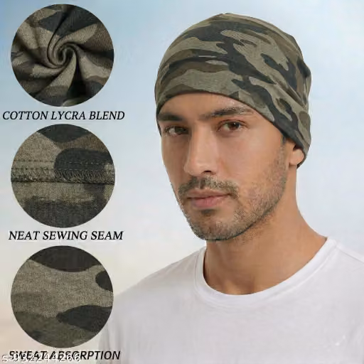 Cotton Lycra Beanie Skull Cap for Men & Women – Printed Olive Stretchable Helmet Liner