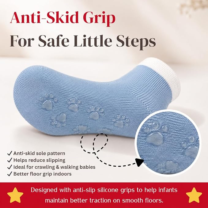 Babycare Anti Skid Ankle Length Socks for Infants Pack of 3 Pairs Non Terry Cotton Blend Grip Socks for Baby Boys & Girls