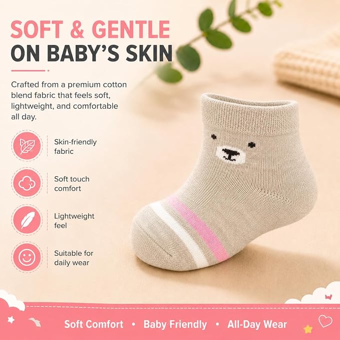 Babycare Anti-Skid Ankle Length Socks for Infants Pack of 3, Soft Breathable Stretchable Daily Wear Socks for Baby Boys & Girls