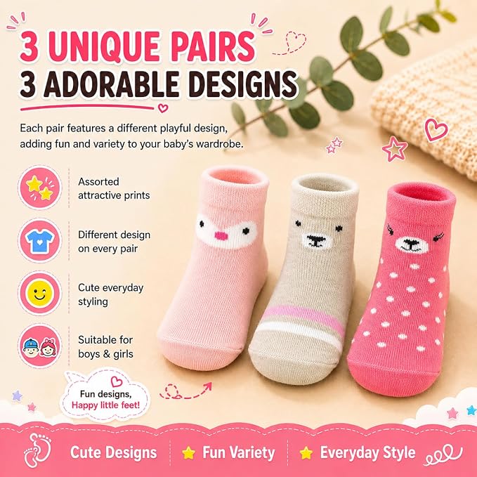 Babycare Anti-Skid Ankle Length Socks for Infants Pack of 3, Soft Breathable Stretchable Daily Wear Socks for Baby Boys & Girls