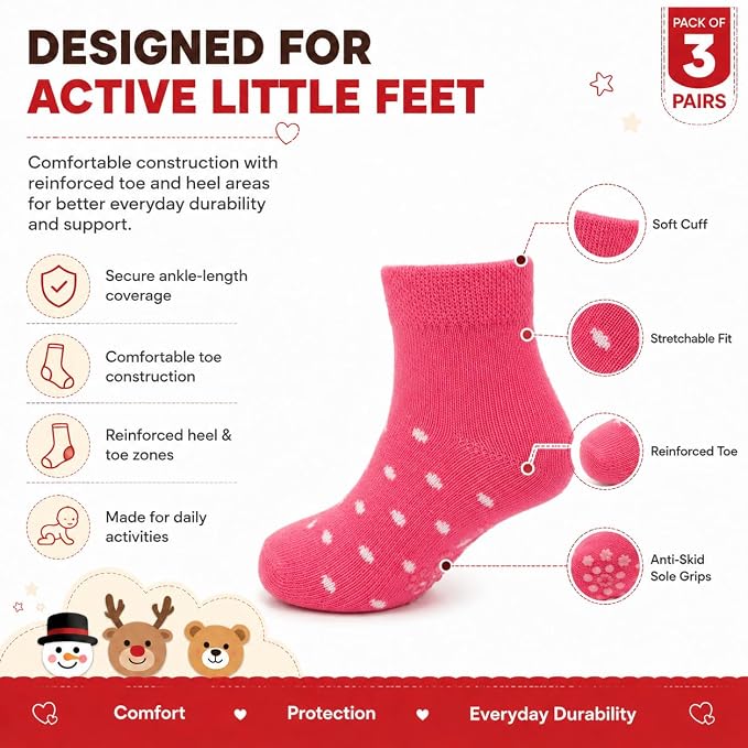 Babycare Anti-Skid Ankle Length Socks for Infants Pack of 3, Soft Breathable Stretchable Daily Wear Socks for Baby Boys & Girls