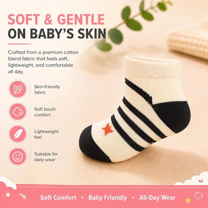 Babycare Anti Skid Ankle Length Socks for Infants Pack of 3 Pairs | Non Terry Cotton Blend Grip Socks for Baby Boys & Girls, Soft Breathable Stretchable Daily Wear Socks