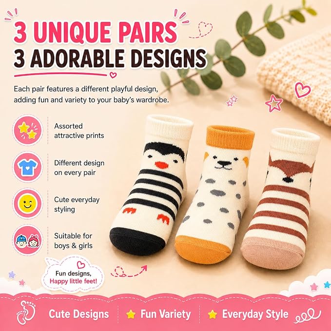 Babycare Anti Skid Ankle Length Socks for Infants Pack of 3 Pairs | Non Terry Cotton Blend Grip Socks for Baby Boys & Girls, Soft Breathable Stretchable Daily Wear Socks