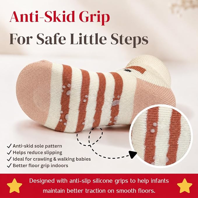 Babycare Anti Skid Ankle Length Socks for Infants Pack of 3 Pairs | Non Terry Cotton Blend Grip Socks for Baby Boys & Girls, Soft Breathable Stretchable Daily Wear Socks