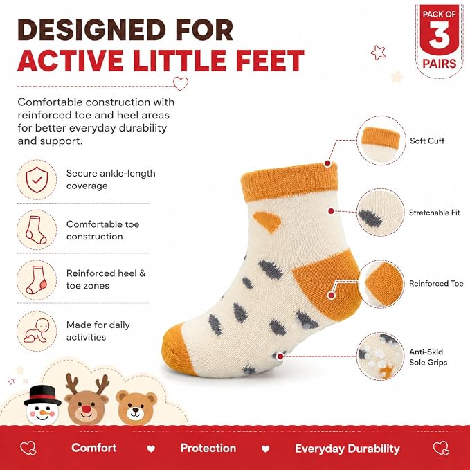 Babycare Anti Skid Ankle Length Socks for Infants Pack of 3 Pairs | Non Terry Cotton Blend Grip Socks for Baby Boys & Girls, Soft Breathable Stretchable Daily Wear Socks