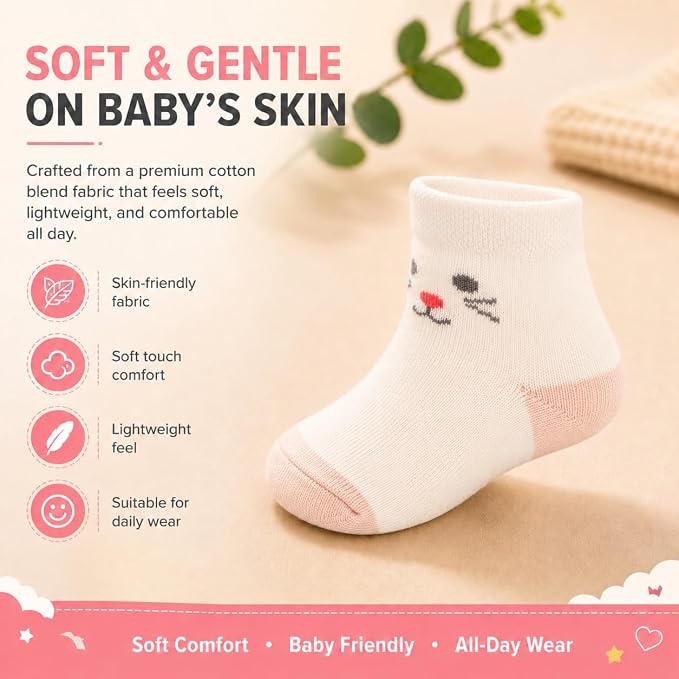 Babycare Anti-Skid Ankle Length Cotton Blend Grip Socks for Baby Boys & Girls Pack of 3 Pairs