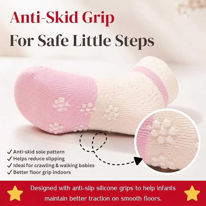 Babycare Anti-Skid Ankle Length Cotton Blend Grip Socks for Baby Boys & Girls Pack of 3 Pairs