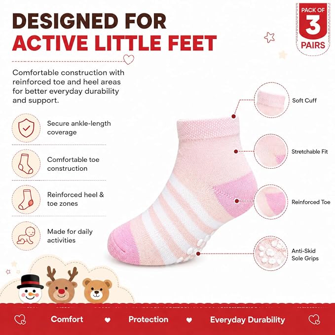 Babycare Anti-Skid Ankle Length Cotton Blend Grip Socks for Baby Boys & Girls Pack of 3 Pairs