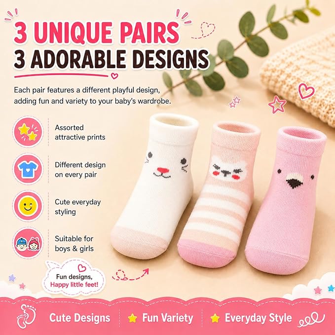 Babycare Anti-Skid Ankle Length Cotton Blend Grip Socks for Baby Boys & Girls Pack of 3 Pairs