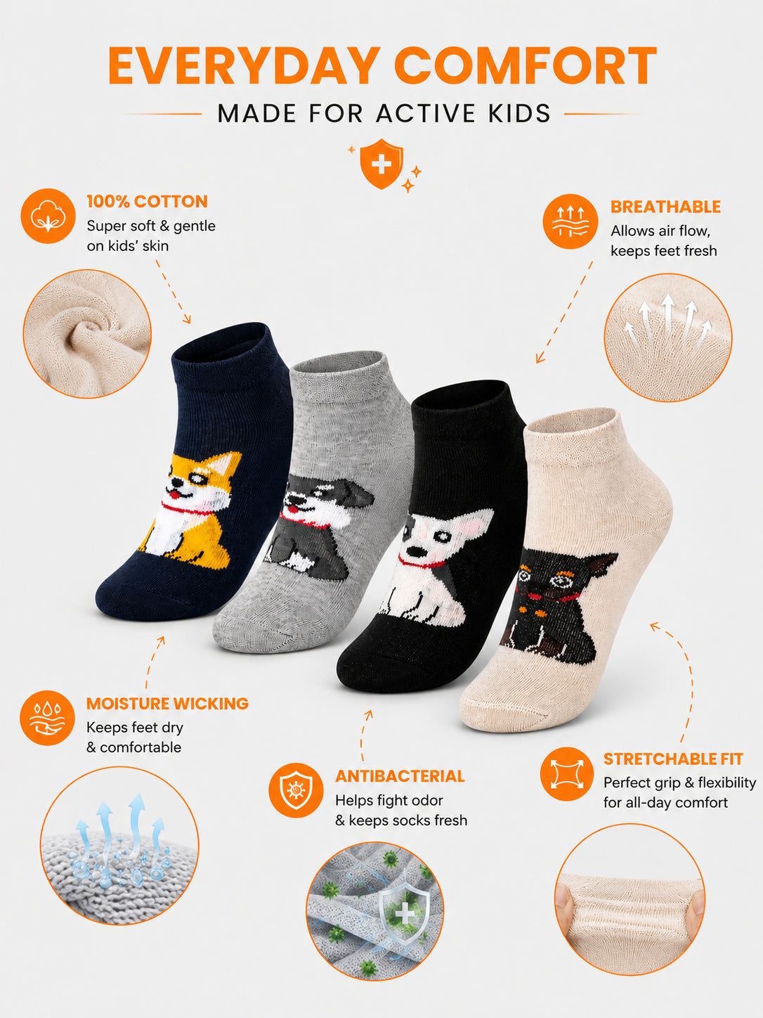 Babycare Boys Cotton Blend Ankle Length Socks with Soft Stretchable Fabric for Casual Wear and Everyday Comfort - Pack of 4