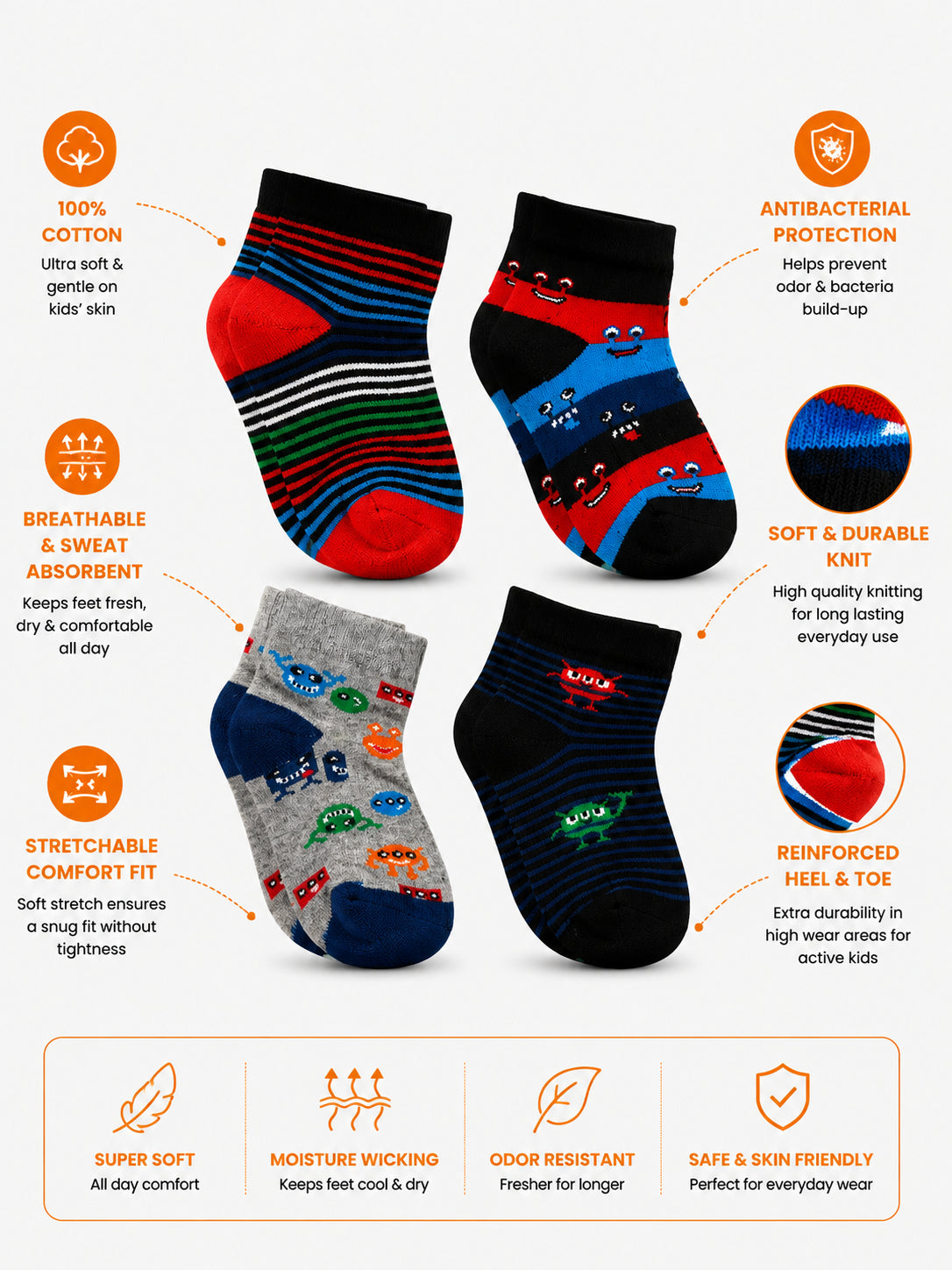 Babycare Boys Everyday Socks for School Wear, Casual Comfort, Uniform Use and Regular Wardrobe Essentials - Pack of 4