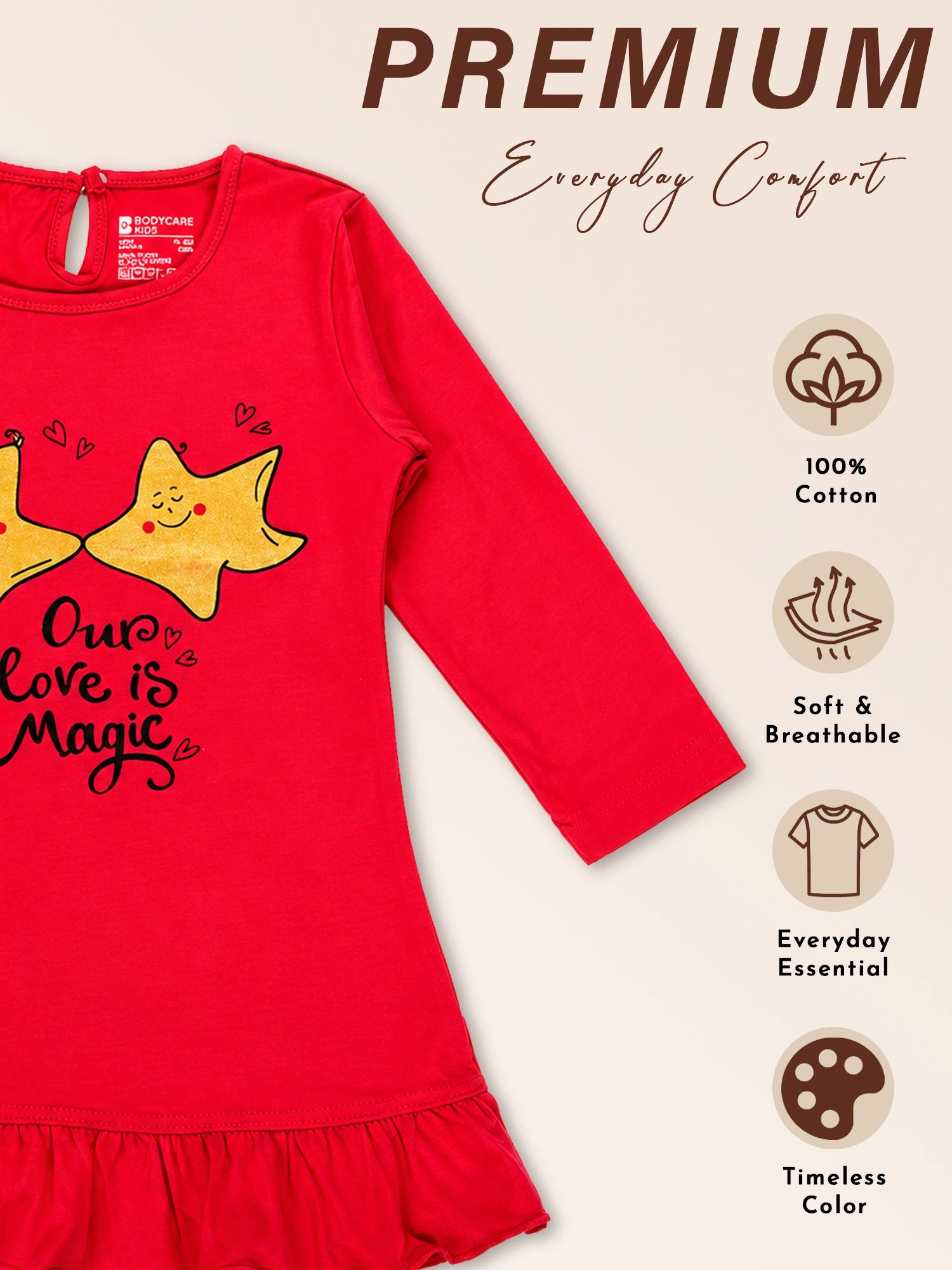 Bodycare Baby Girls 100% Cotton Full Sleeve Frock with Breathable Fabric, Skin Friendly Regular Fit and Comfortable Wear - Pack of 1