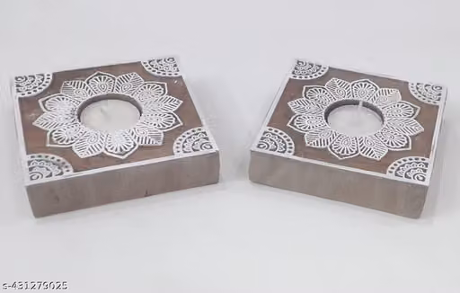 Wooden Carved Tealight Candle Holders Set of 2