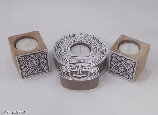 Wooden Carved Tealight Candle Holders Set of 3
