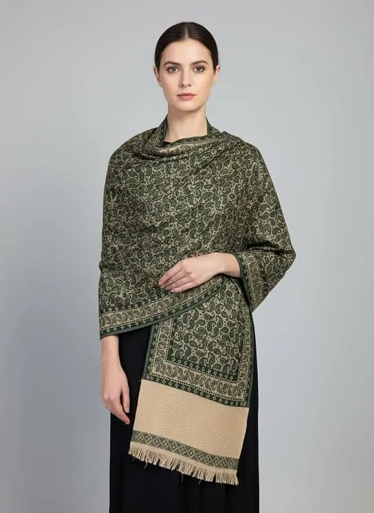 Women’s Green Paisley Semi Pashmina Shawl – Soft Beige Winter Stole