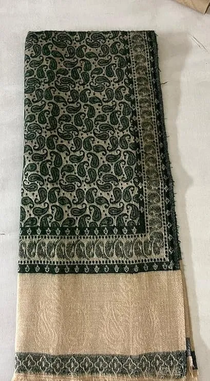 Women’s Green Paisley Semi Pashmina Shawl – Soft Beige Winter Stole