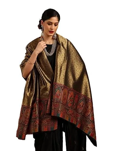 Women’s Black Zari Shimmer Acrylic Shawl with Ethnic Floral Motifs
