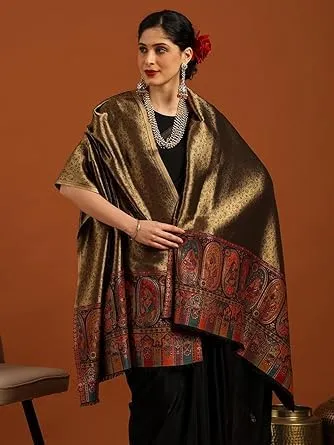 Women’s Black Zari Shimmer Acrylic Shawl with Ethnic Floral Motifs